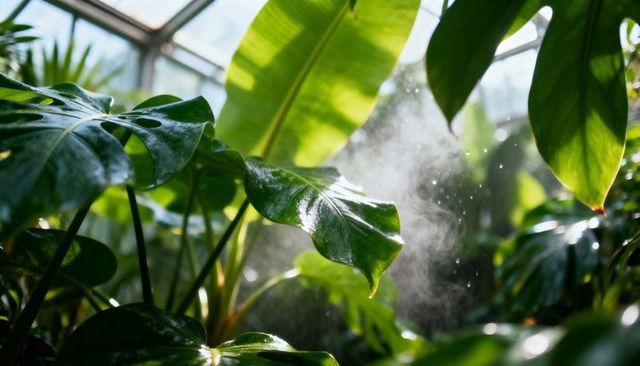Backlit glossy monstera leaf with mist and sunlit droplets in lush tropical conservatory