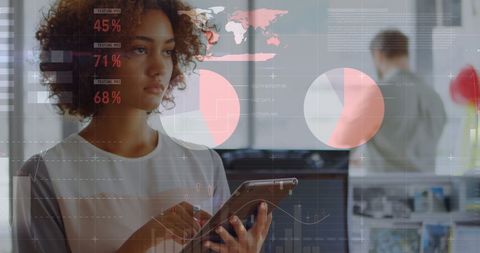 Biracial businesswoman analyzing global financial data on tablet