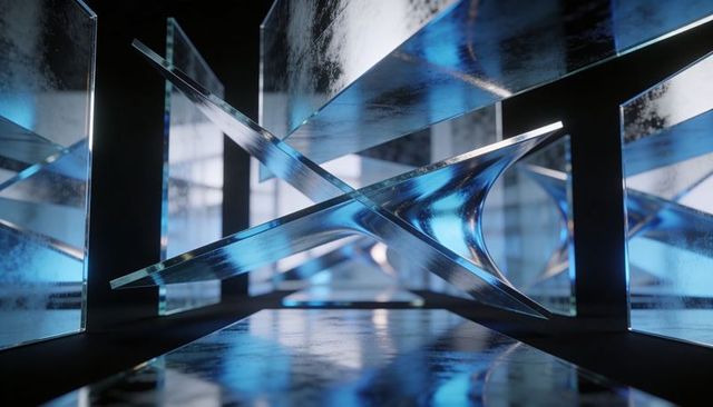Futuristic glass corridor with intersecting curved x panels casting blue reflections