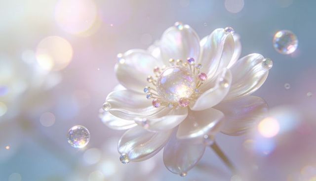 Iridescent pearl flower with floating bubbles and pastel bokeh, ethereal macro bloom