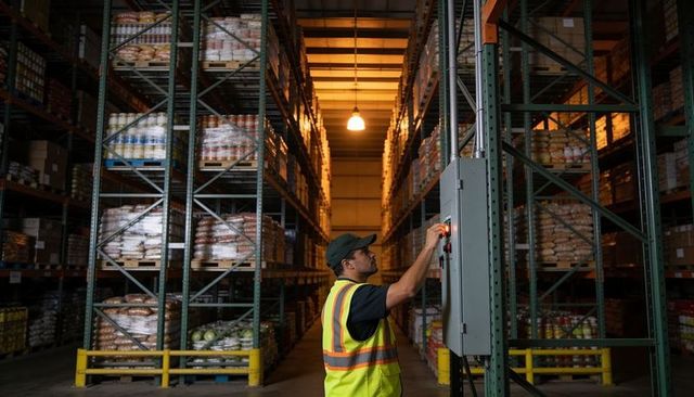 Warehouse operator controlling pallet racking system in industrial distribution center