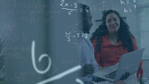 Animated Math Formulas Overlay on Diverse Coworkers in Office Collaboration
