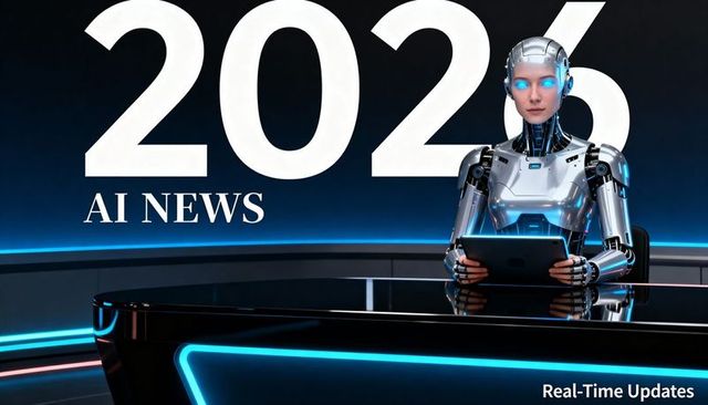 Futuristic robot news anchor presenting ai news 2026 holding tablet at neon desk