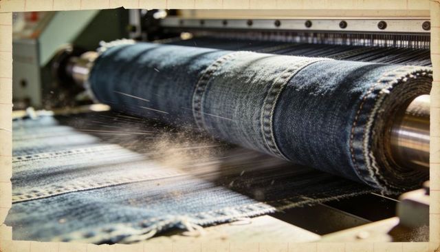 Denim roll unwinding on industrial textile machine, feeding indigo fabric with lint