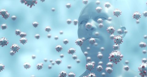 Conceptual 3d illustration of coronavirus cells and human head