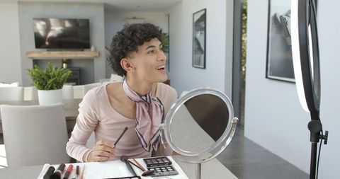 Male beauty creator applying makeup under ring light