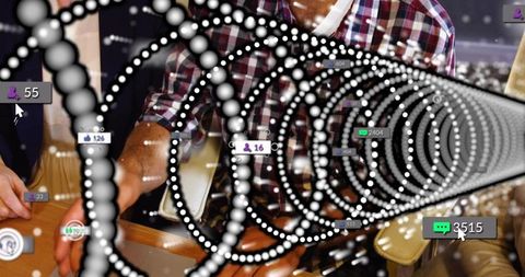 Man reaching across bar with digital social media overlays and spiraling ui