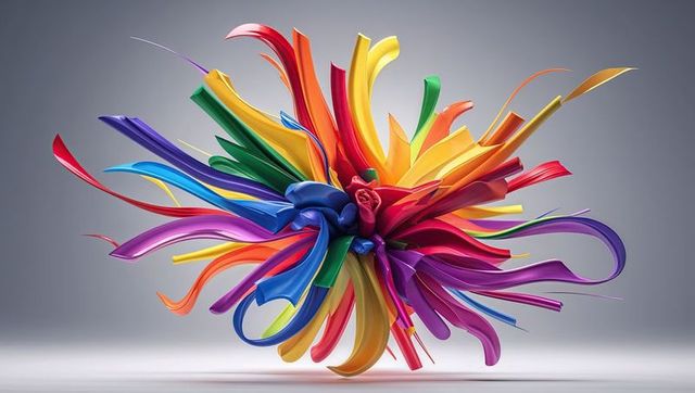 Dynamic ribbon sculpture displaying vivid colors and incredible motion