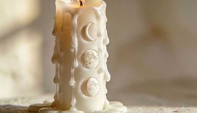 Ivory moon-phase pillar candle burning with dripping wax and warm glow