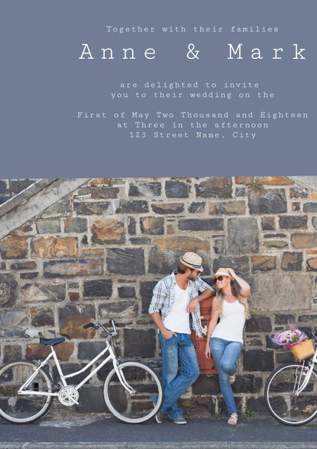 Couple Relaxing by Stone Wall with Bicycles for Wedding Invitation - Download Free Stock Templates Pikwizard.com