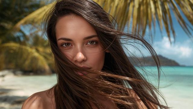 Close-up young woman standing on tropical beach facing turquoise ocean with windblown hair