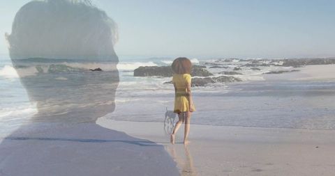 Woman and Dog Walking Beachline with Reflective Overlay