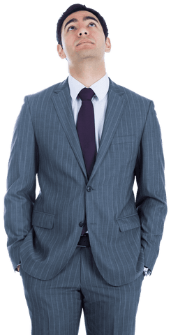Confident Businessman Pondering in Gray Suit Standing Transparent