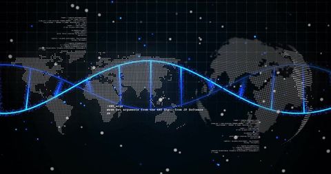 Glowing neon double helix ribbon traveling across dotted world map with code overlays