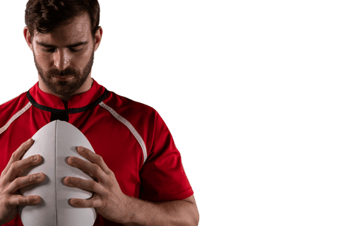 Caucasian male rugby player holding rugby ball isolated transparent