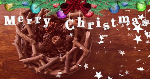 Festive christmas pinecones with merry greeting