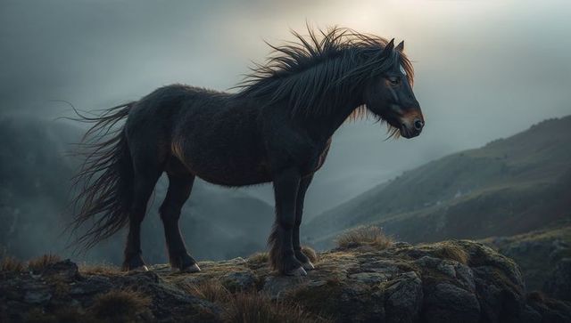 Wind-swept black pony standing on rocky ridge surveying misty moorland valley at dawn