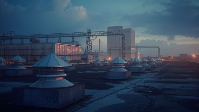 Industrial Rooftop with Vents Under Twilight Sky