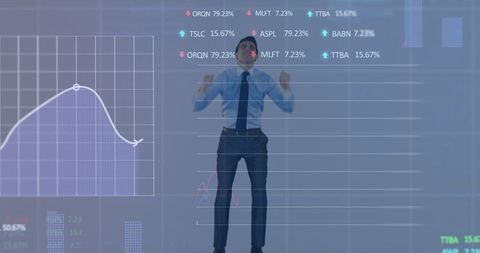 Businessman Celebrating Success in Stock Market Analysis