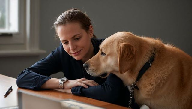 Woman with Golden Retriever Admiring Laptop in Modern Home Office