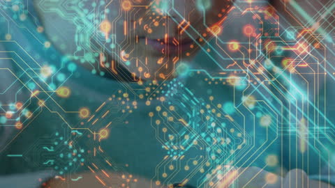 Digital Circuit Board Overlay on Studying Student
