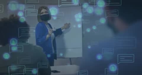 Masked Female Trainer Presenting on Flipchart with Chat Bubbles for Digital Communication