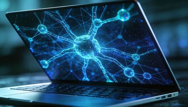 Glowing neural network displaying on sleek laptop screen for ai technology concept
