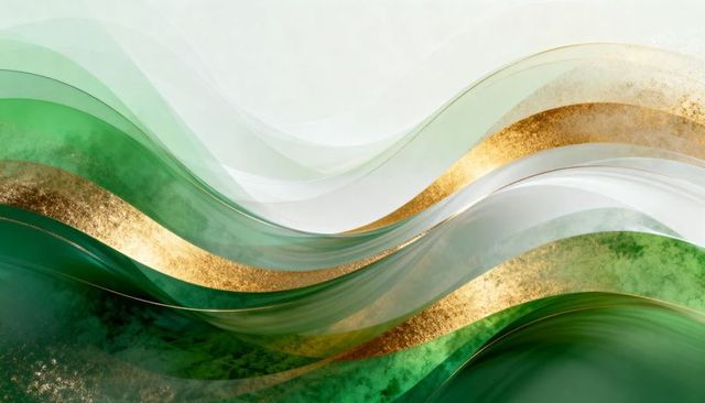 Emerald Gold Fluid Ribbons Creating Luxurious Layered Wave Background with Metallic Sheen