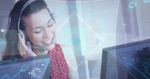 Businesswoman engaged in remote communication with technology overlay