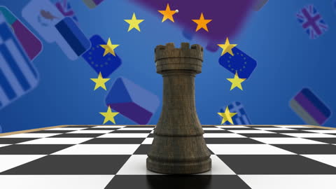 Chess Rook on Board Featuring EU National Flags Background