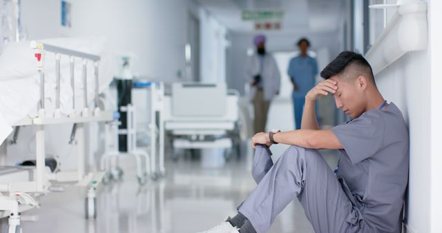 Stressed Nurse Sitting in Hospital Hallway - Download Free Stock Images Pikwizard.com