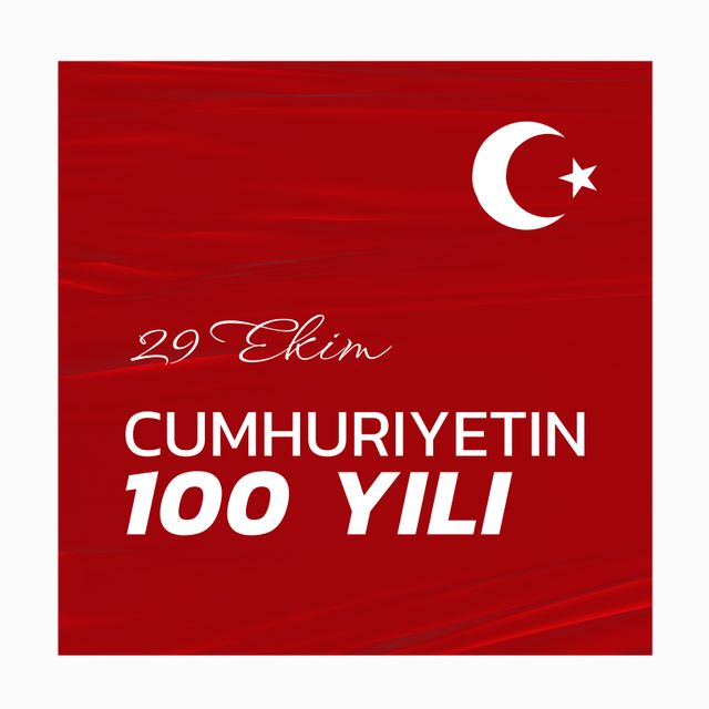 This banner commemorates the 100th anniversary of Turkish Republic Day on October 29, featuring the national flag of Turkey with a red background, a crescent moon, and a star. Ideal for use in event promotions, educational materials, social media posts, and public announcements to celebrate the centenary of the Turkish Republic.