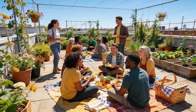 Diverse friends enjoying rooftop garden picnic with fresh food, urban community gathering