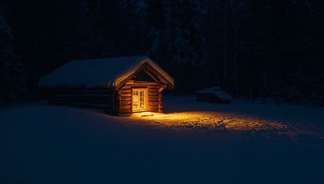 Glowing Log Cabin Casting Warm Light Across Snowy Forest Clearing at Night