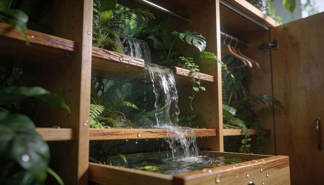 Wooden wardrobe turning into cascading indoor waterfall with lush foliage and drawer basin