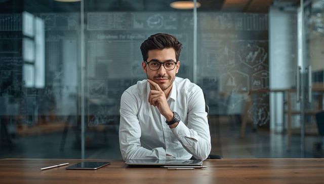 Confident Executive Leaning Forward at Desk with Tablet and Glass Wall Strategy Diagrams