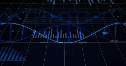 Holographic dna analytics dashboard featuring neon helix, bar charts, and data grid