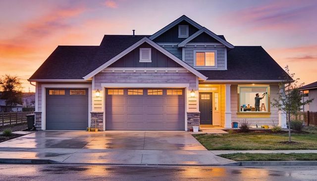 Suburban craftsman home at dusk featuring painter working through front window and sunset