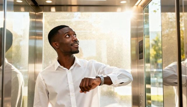 Businessman checking watch while riding glass elevator in modern sunlit office lobby