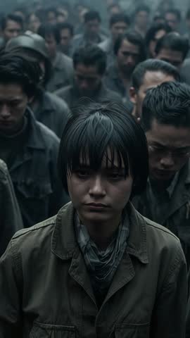 Asian female detainee standing in muddy yard awaiting orders, labor camp crowd, somber vertical