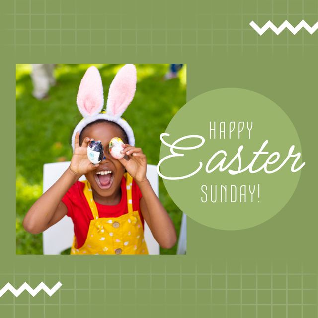 Photo suitable for Easter greetings. Depicts an African American girl excitedly holding painted Easter eggs while wearing bunny ears. Perfect for festive cards, social media posts, and holiday promotions. Captures the spirit of Easter celebrations with children and family.