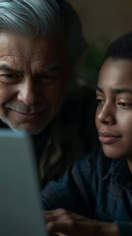 Father and daughter leaning over laptop, smiling and scrolling together in warm home moment