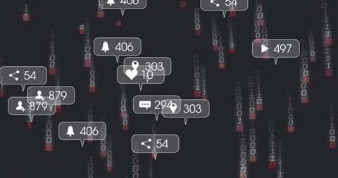 Floating social notification bubbles over binary code showing engagement metrics, analytics overlay