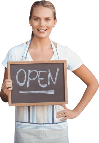 transparent smiling woman with open sign chalkboard - Download Free Stock Videos Pikwizard.com