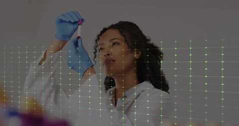 African American Female Scientist Analyzing Sample with Virtual Data Overlay