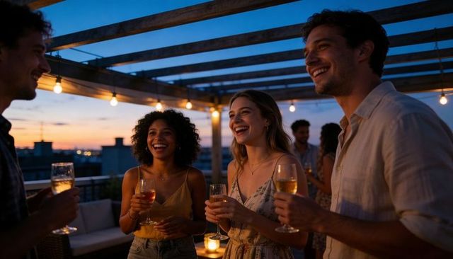 Sunset rooftop friends clinking wine glasses laughing under pergola dusk string lights