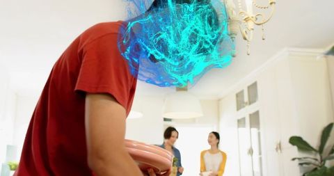Man holding stacked pink pool rings in modern kitchen with neon blue abstract swirl head
