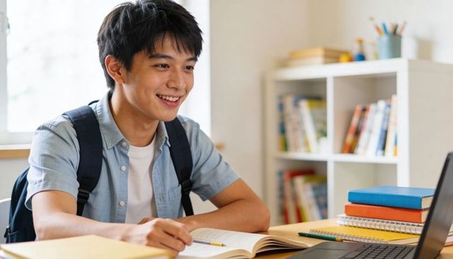 Smiling teen student studying at desk with laptop, notebooks and backpack in natural light