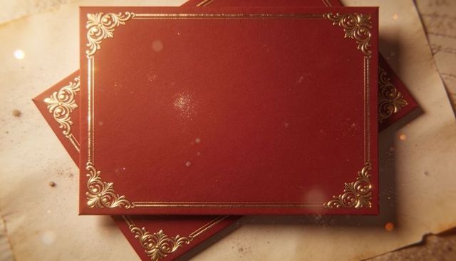 Crimson gift box lid with gold filigree border on parchment tabletop, vintage luxury detail