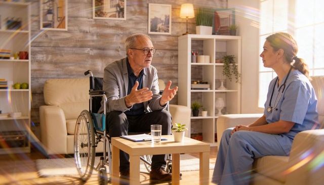 Senior man in wheelchair talking with nurse in home living room during caregiving visit